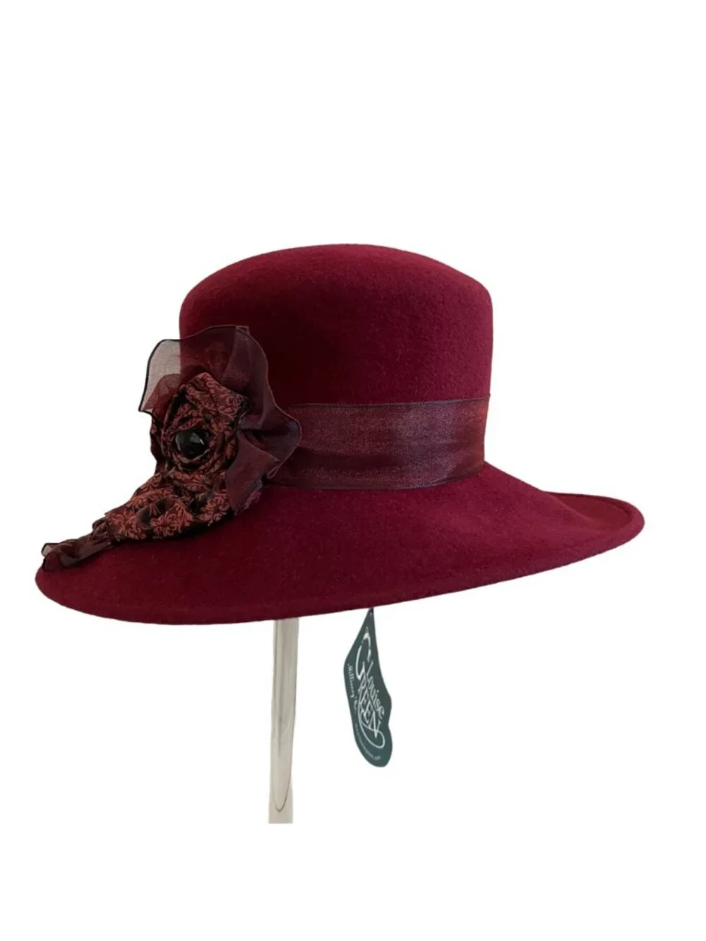 Louise Green Burgundy Wool Felt Wide Brim Hat With Floral Ribbon Detail